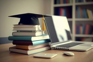 graduation-cap-stack-books-laptop-smartphone-desk-generative-ai-min