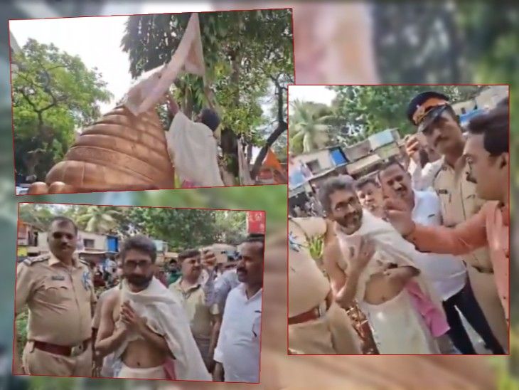 मुंबईत छत्रपती शिवरायांच्या जिरेटोप शिल्पावर जैन समाजाचा झेंडा, VIDEO:मनसे आक्रमक होताच संबंधित व्यक्तीकडून पोलिसांसमोर जाहीर माफी