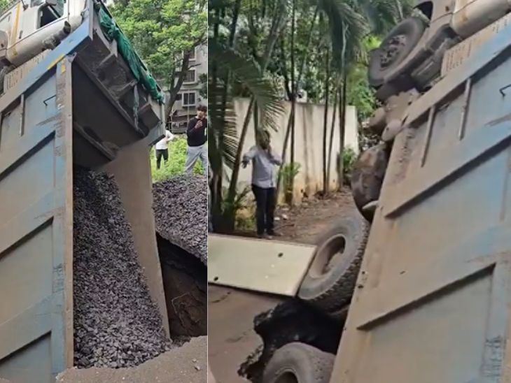 नाशिकमध्ये पुन्हा रस्ता खचला!:रस्त्याच्या दुरुस्तीसाठी आलेला डंपर 10 फूट खोल खड्ड्यात अडकला, पाहा VIDEO